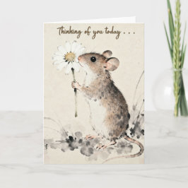 Tarjeta Ratón sosteniendo una flor pensando en ti