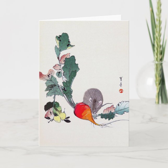 Tarjeta Ratón y rábano rojo, Watanabe Seitei (Anverso)