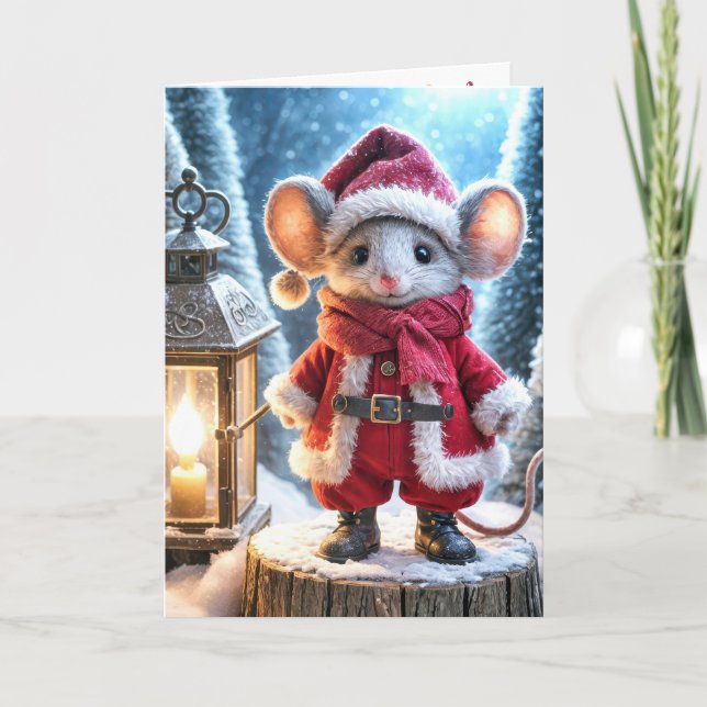 Tarjeta Ratoncito de Navidad con linterna brillante (Anverso)