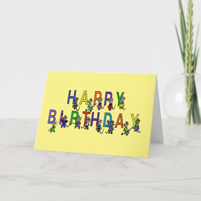 Tarjeta ratones de cumpleaños de niños en amarillo (Anverso)