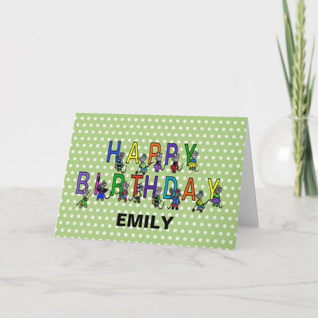 Tarjeta Ratones de cumpleaños grises con puntos de polka (Anverso)
