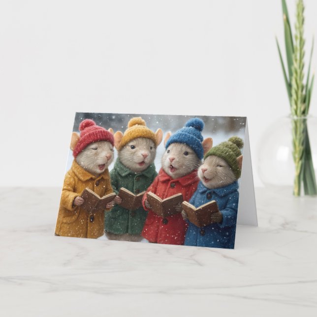 Tarjeta Ratones De Navidad Cantando En La Nieve (Anverso)
