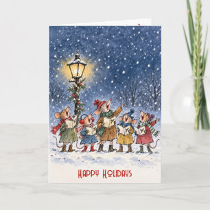 Tarjeta Ratones de Navidad cantando villancicos en copos d