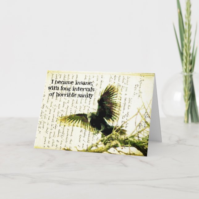 Tarjeta Raven con cita de poe y escritura a mano (Anverso)