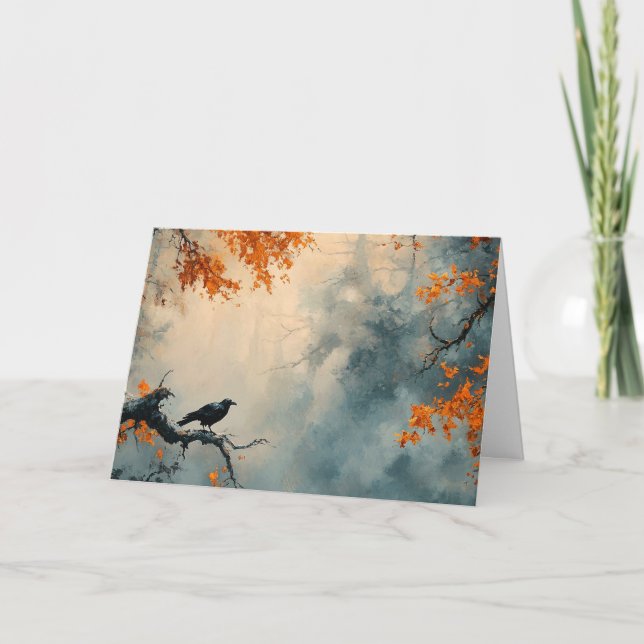 Tarjeta Raven en un bosque de otoño. (Anverso)