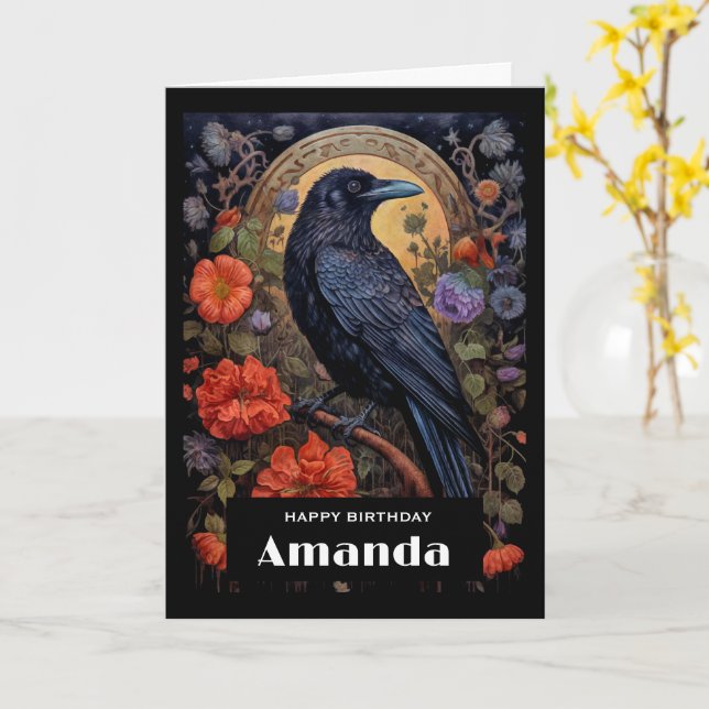 Tarjeta Raven negro con flores Cumpleaños de diseño gótico (flor amarilla)