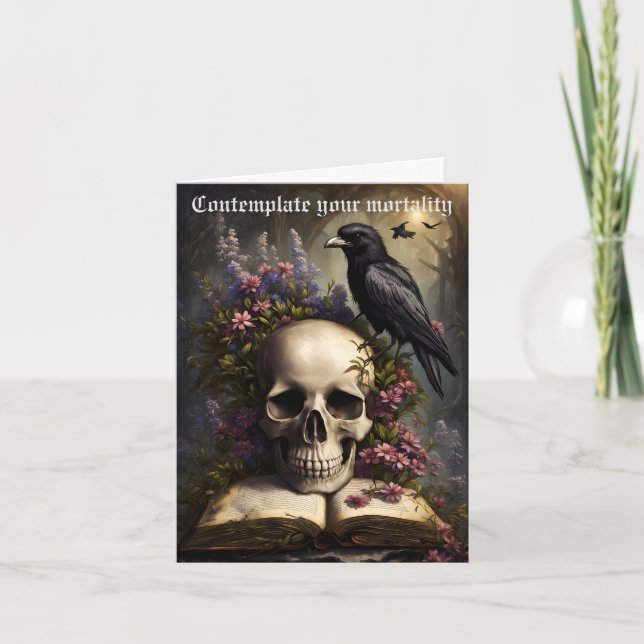 Tarjeta Raven Skull Book y Flores Cumpleaños gótico (Anverso)