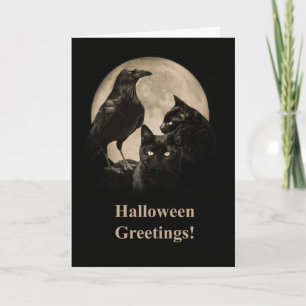 Tarjeta Raven y gatos negros Feliz Halloween