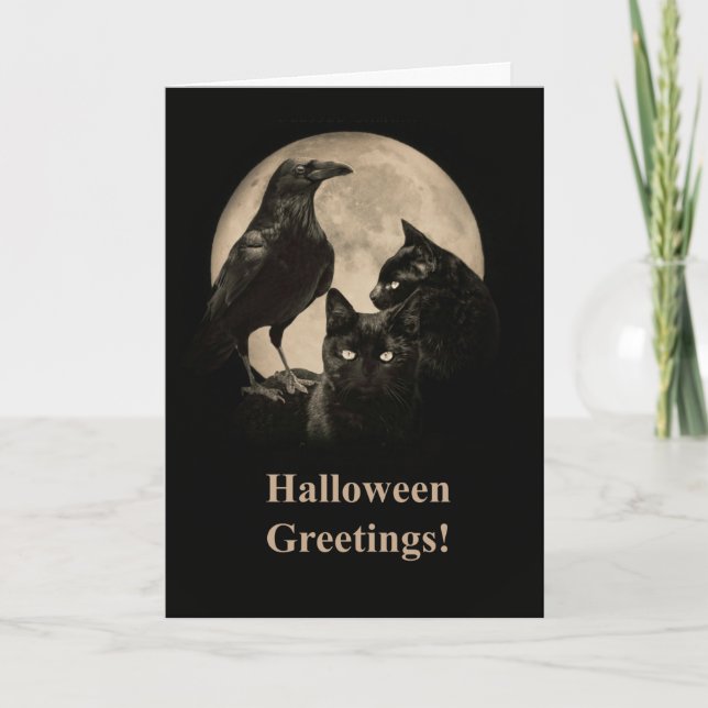 Tarjeta Raven y gatos negros Feliz Halloween (Anverso)