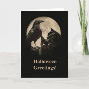 Tarjeta Raven y gatos negros Feliz Halloween