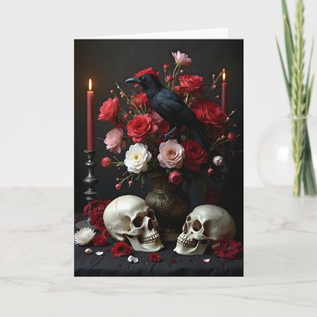 Tarjeta Raven y Skulls con Bouquet Amigo Cumpleaños (Anverso)