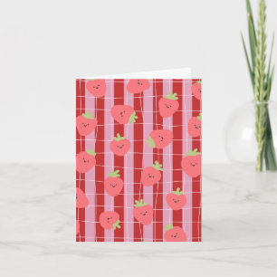 Tarjeta rayada rosa y roja, con fresas