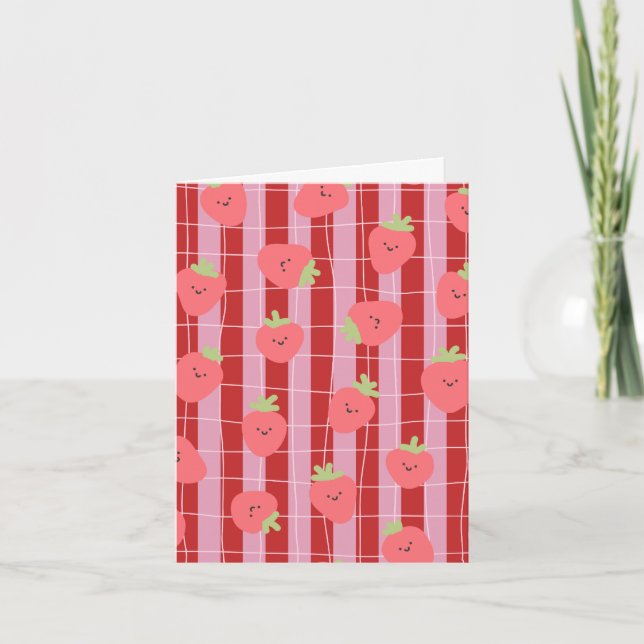 Tarjeta rayada rosa y roja, con fresas (Anverso)