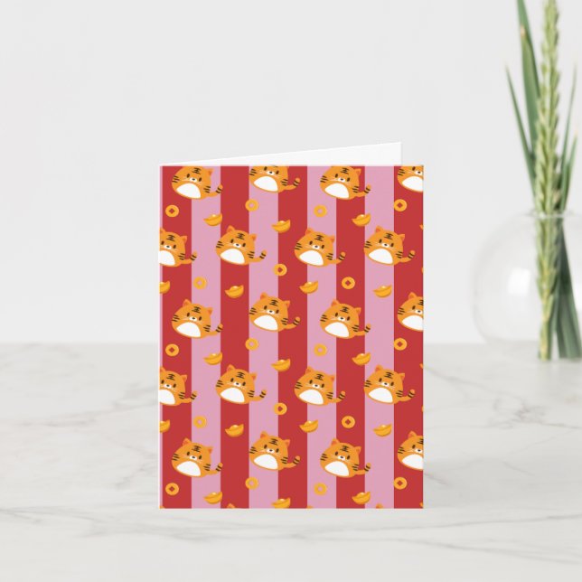 Tarjeta rayada rosa y roja con patrón de gato  (Anverso)