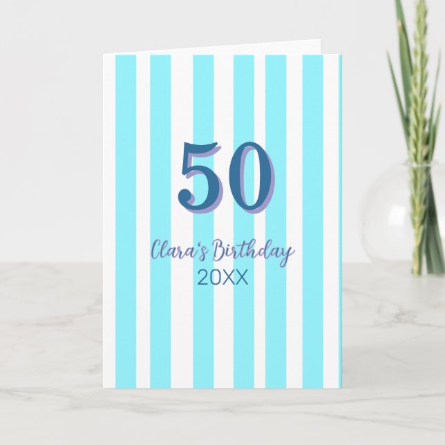 Tarjeta rayas azul cielo cumpleaños 50 nombre fecha simple (Anverso)