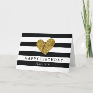 Tarjeta Rayas de acuarela negra Cumpleaños corazón dorado