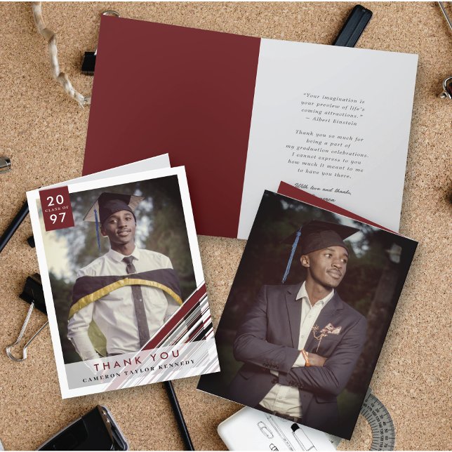 Tarjeta Rayas diagonales de estampado elegante foto de gra (Diagonal Maroon Red Pin Stripes Classic Graduation Photo Folded Card @ zazzle.com/color_therapy)