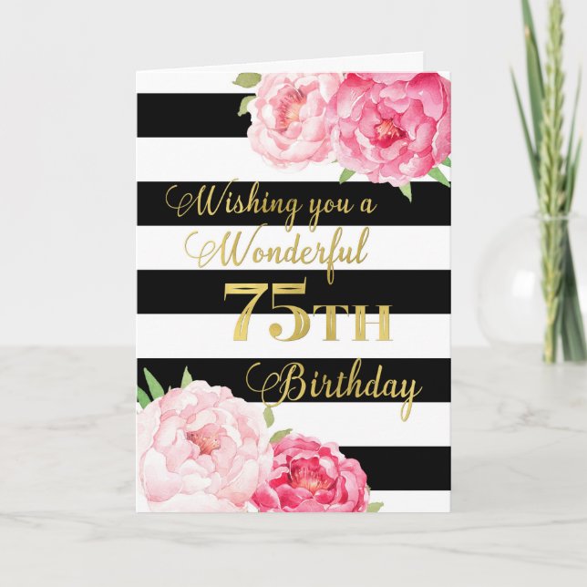 Tarjeta Rayas negras y flores rosadas Felices 75 años (Anverso)