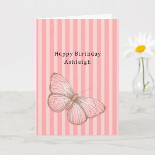 Tarjeta Rayas rosadas con cumpleaños de mariposa
