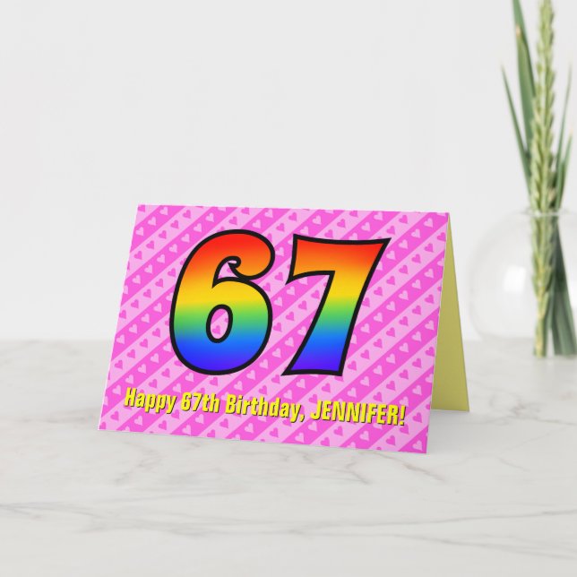 Tarjeta Rayas rosadas divertidas, corazones, arcoiris #67º (Anverso)