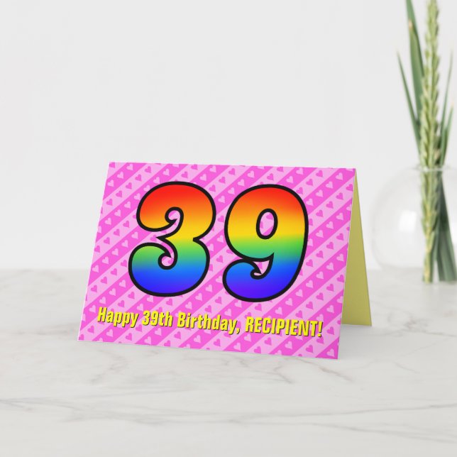 Tarjeta Rayas rosas divertidas, corazones, arcoiris # 39 c (Anverso)