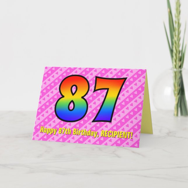 Tarjeta Rayas rosas divertidas, corazones, arcoiris # 87º  (Anverso)