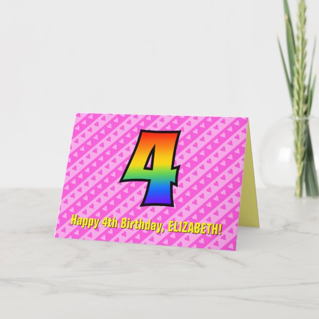 Tarjeta Rayas rosas divertidas, corazones, arcoiris # Cuar (Anverso)