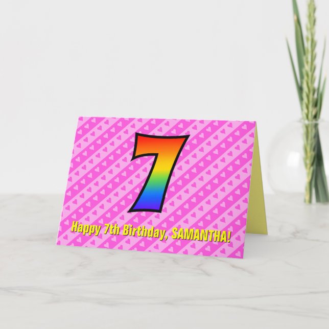 Tarjeta Rayas rosas divertidas, corazones, arcoiris # sépt (Anverso)