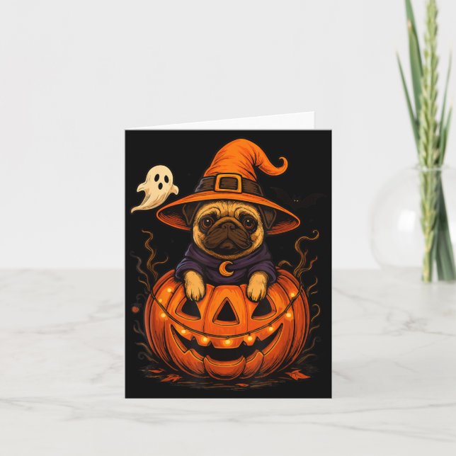 Tarjeta Raza de pug divertida mascota calabazas de Hallowe (Anverso)