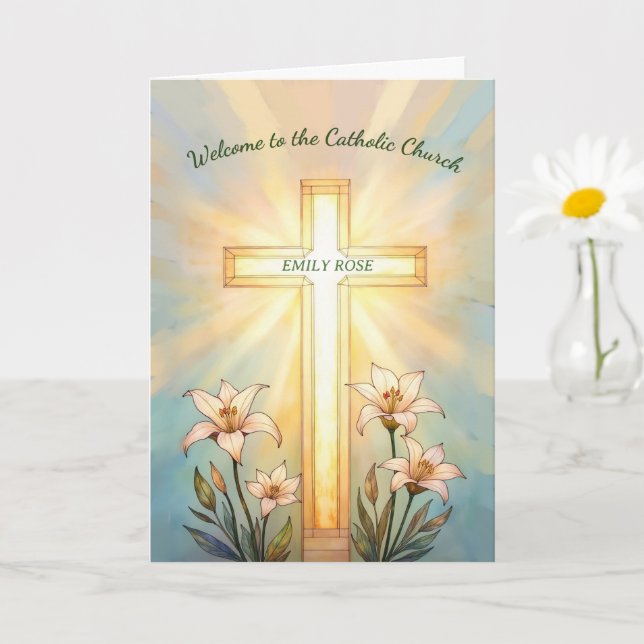 Tarjeta RCIA Name Welcome Catholic Church Cross Lilies (Planta pequeña)