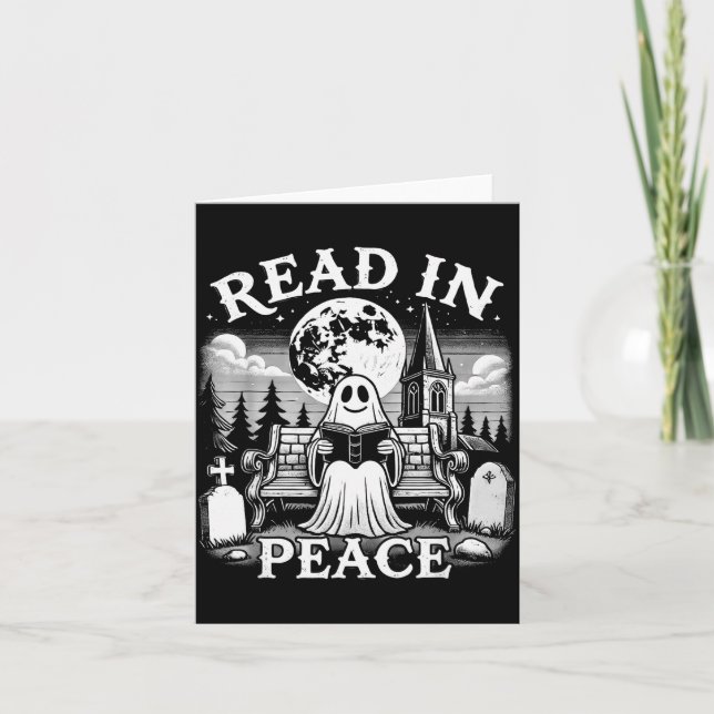 Tarjeta Read In Peace Ghost Reading Books Funny Halloween  (Anverso)
