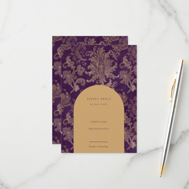 Tarjeta Real Damask Elegant Purple RSVP (Anverso/Reverso In Situ)
