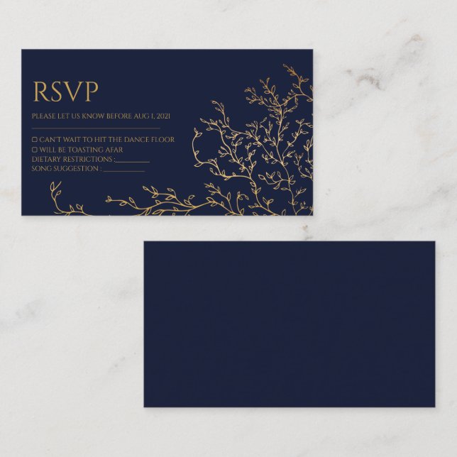 Tarjeta Real Navy-Blue & Gold Wedding Rsvp (Anverso / Reverso)