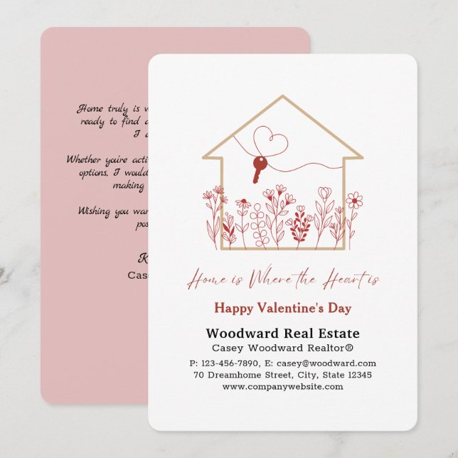 Tarjeta Realtor Feliz Día de San Valentín | El hogar es el (Anverso / Reverso)