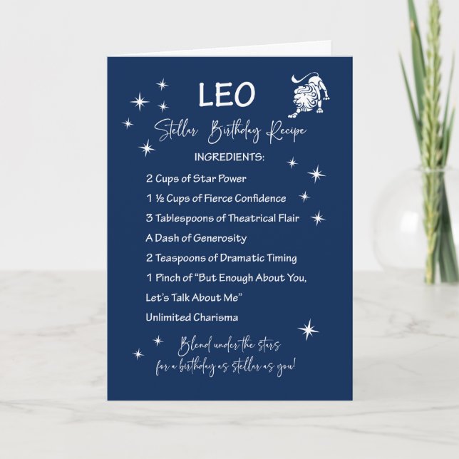 Tarjeta Receta de cumpleaños estelar de Leo Zodiac (Anverso)