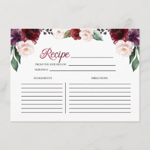 Tarjeta receta de ducha de novia floral borgoña