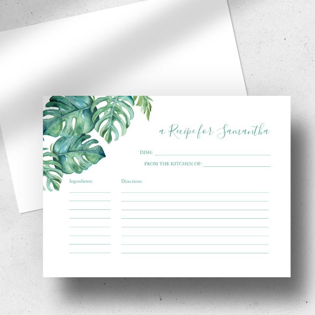 Tarjeta Recetada Acuarela Tropica Monstera Palm Le (Bridal shower recipe card invitation insert watercolor tropical palm leaves art Do Tell A Belle)