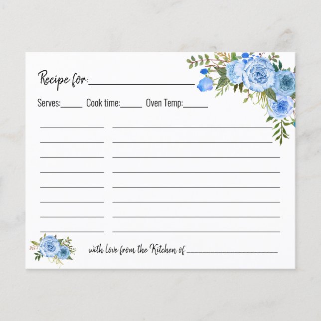 Tarjeta Recetada Ducha de novia Boda Floral Azul (Anverso)