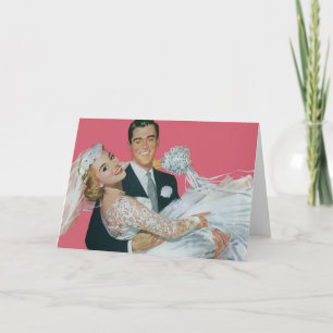 Tarjeta Recién casados de boda vintage, novio llevando a l