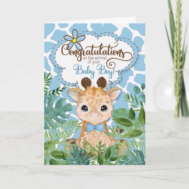 Tarjeta Recién nacido Boy Blue Giraffe Jungle Felicitacion (Anverso)