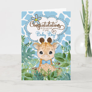 Tarjeta Recién nacido Boy Blue Giraffe Jungle Felicitacion