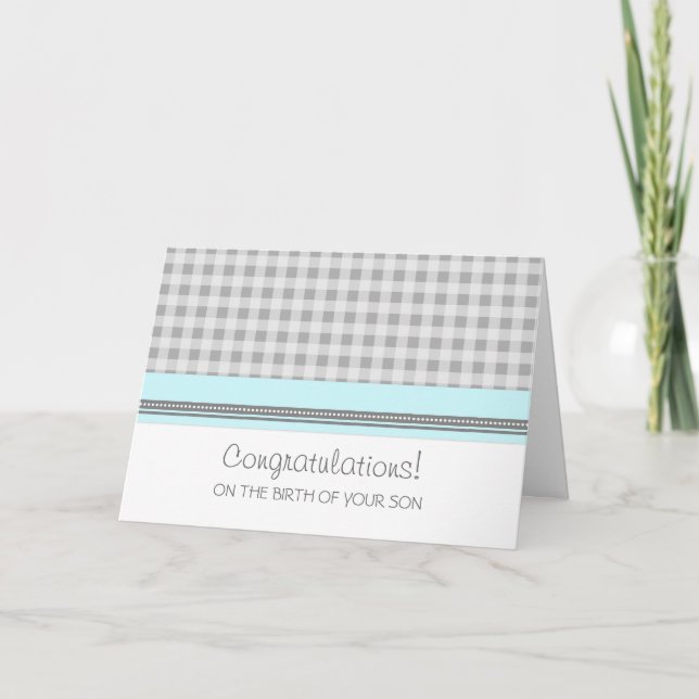 Tarjeta Recién nacido de felicitaciones Blue Gingham (Anverso)