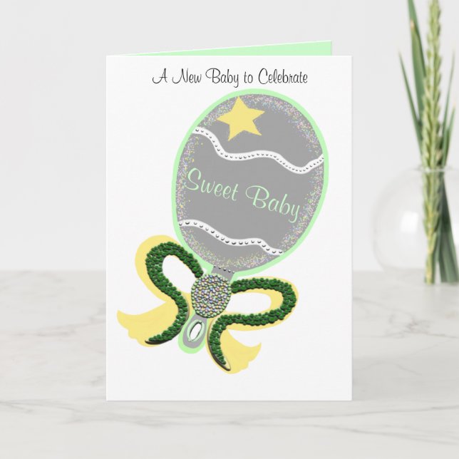 Tarjeta Recién nacido Felicitaciones Green Yellow Rattle (Anverso)