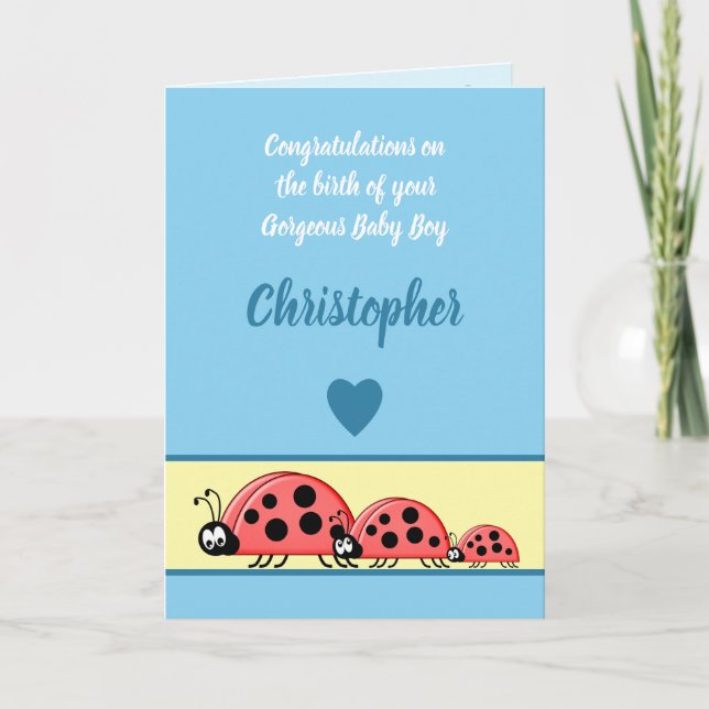 Tarjeta Recién nacido Ladybirds felicitaciones azul (Anverso)