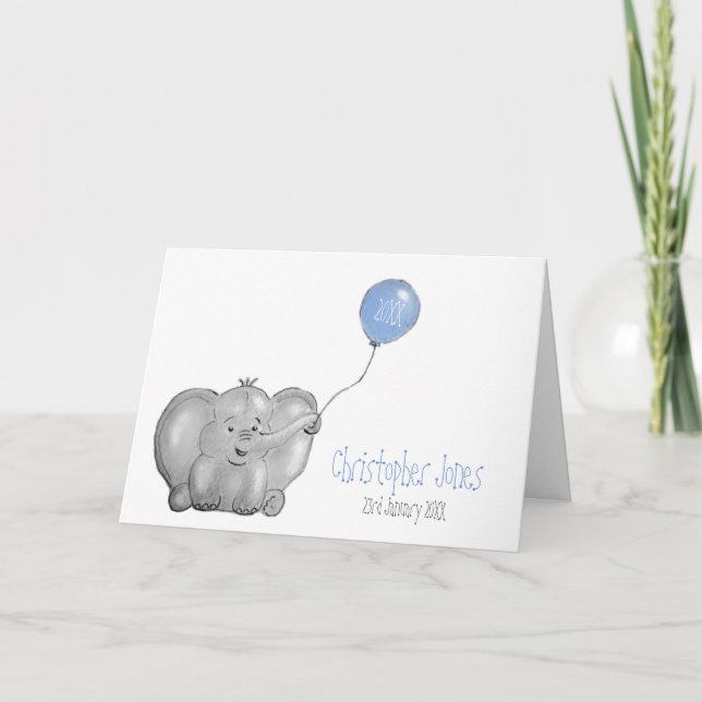 Tarjeta Recién nacido niño globo azul elefante personaliza (Anverso)