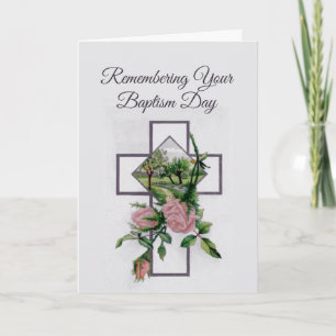 Tarjeta Recordando su día del bautismo, cruz y Rosas