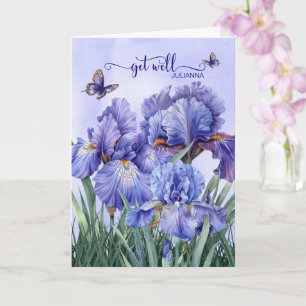 Tarjeta Recupérate con un Jardín de Iris Púrpura y Maripos