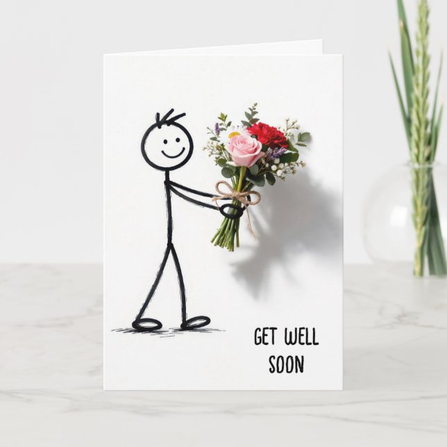 Tarjeta Recupérate Pronto Stickman Con Ramo De Rosas (Anverso)