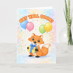 Tarjeta ¡Recupérate Pronto! Zorro adorable con globos y un