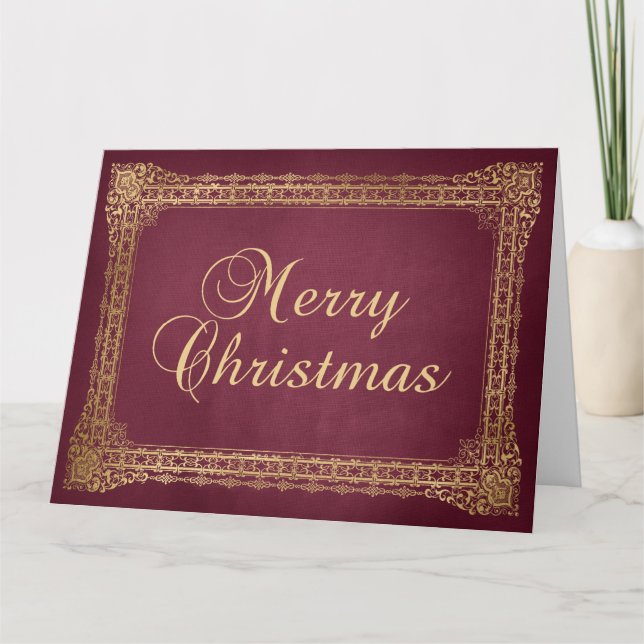Tarjeta Red and Faux Gold Ornate Border Merry Christmas (Anverso)